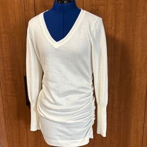White V-Neck Ruched Sweater Dress
